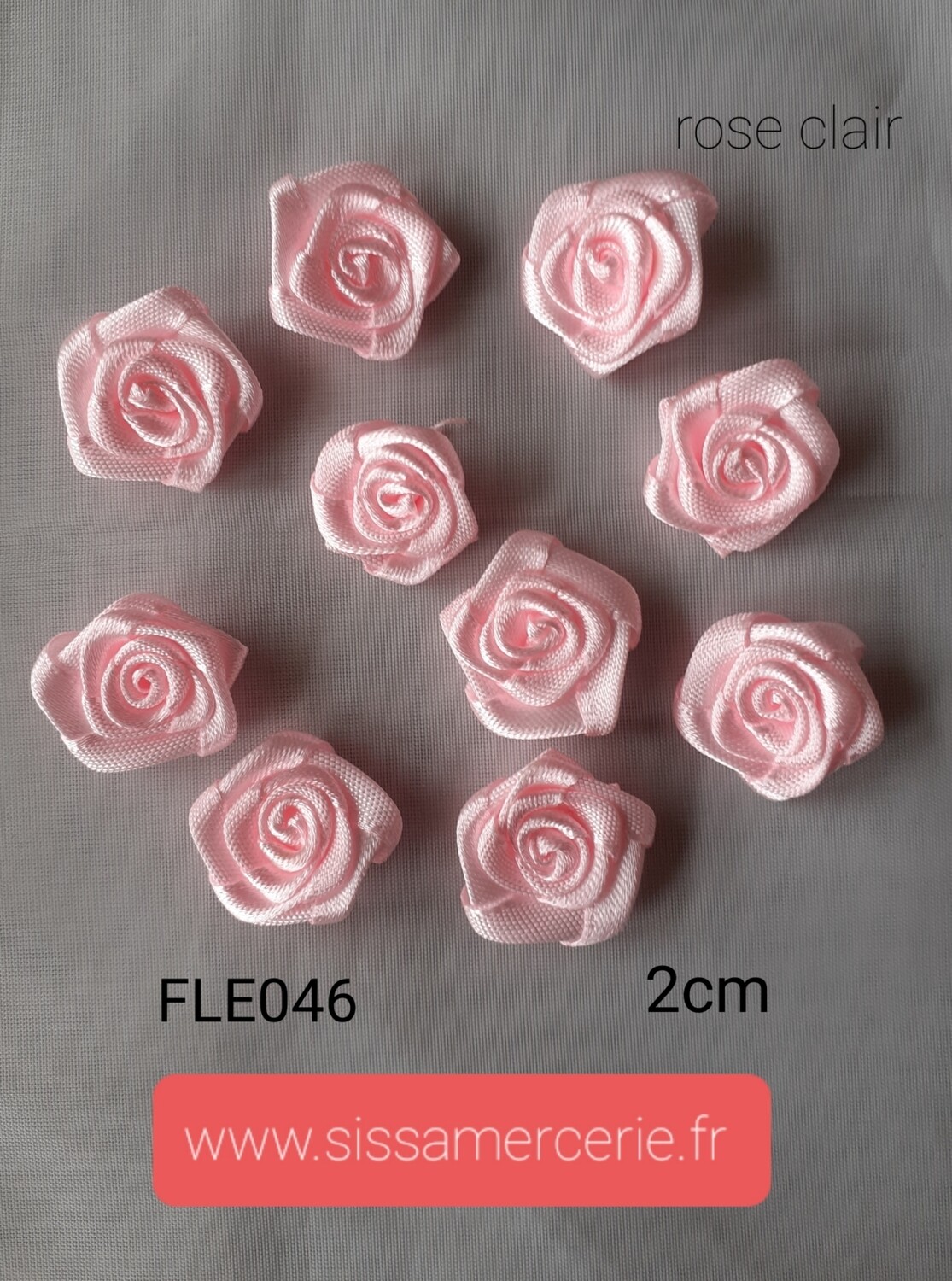 10 fleurs ruban satinée 2cm 15 coloris, Couleur: rose clair