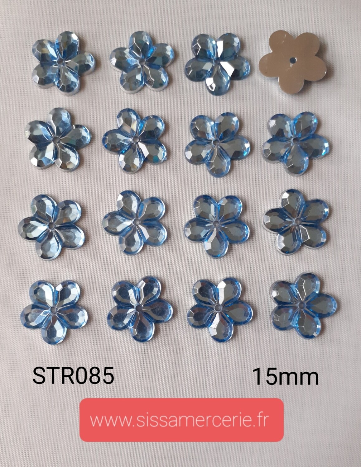 60 strass fleur 15mm 2 coloris, Couleur: bleu clair