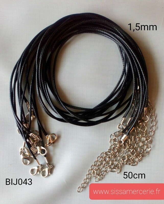 Collier 50cm en cuir de polyester ciré 1,5mm noir