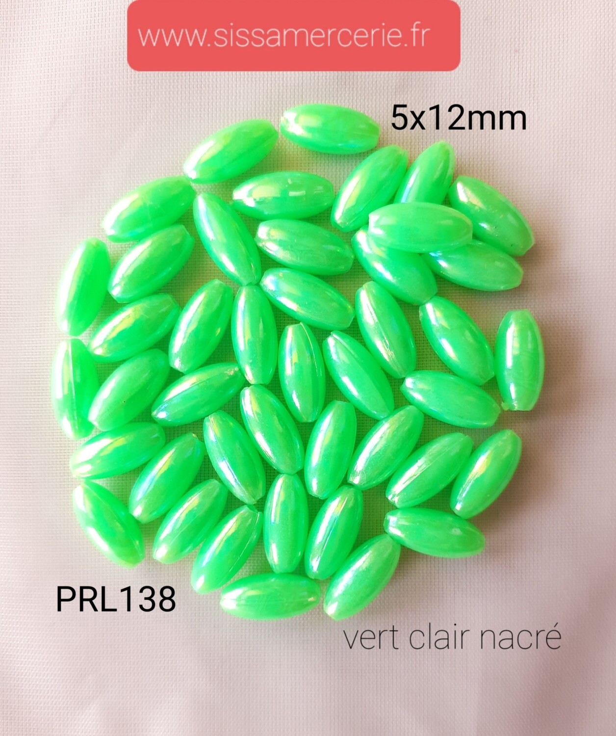 100 perles de riz  nacré 5x12mm / 10 couleurs, Couleur: vert clair nacré