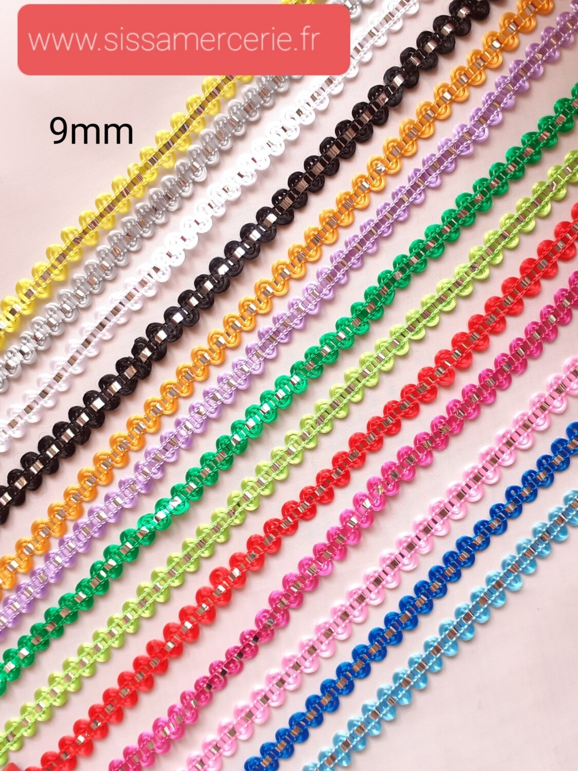 Galon 9mm avec bande argenté 13 coloris