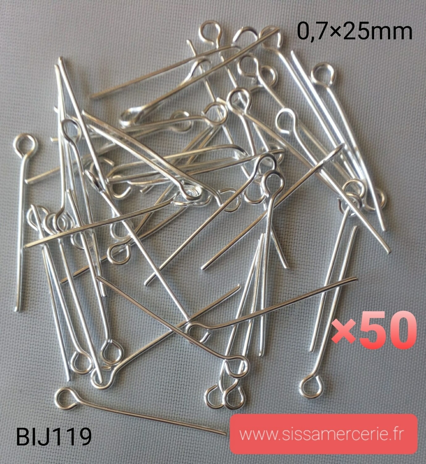 50 tiges clou tête ronde 25 mm argenté clair