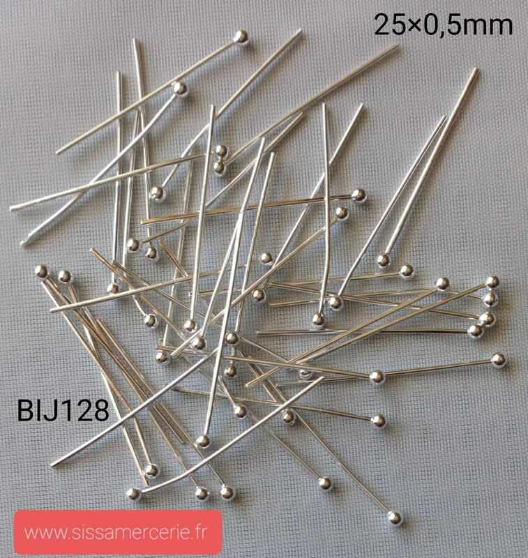 50 tiges boule 25x0,5mm argenté clair