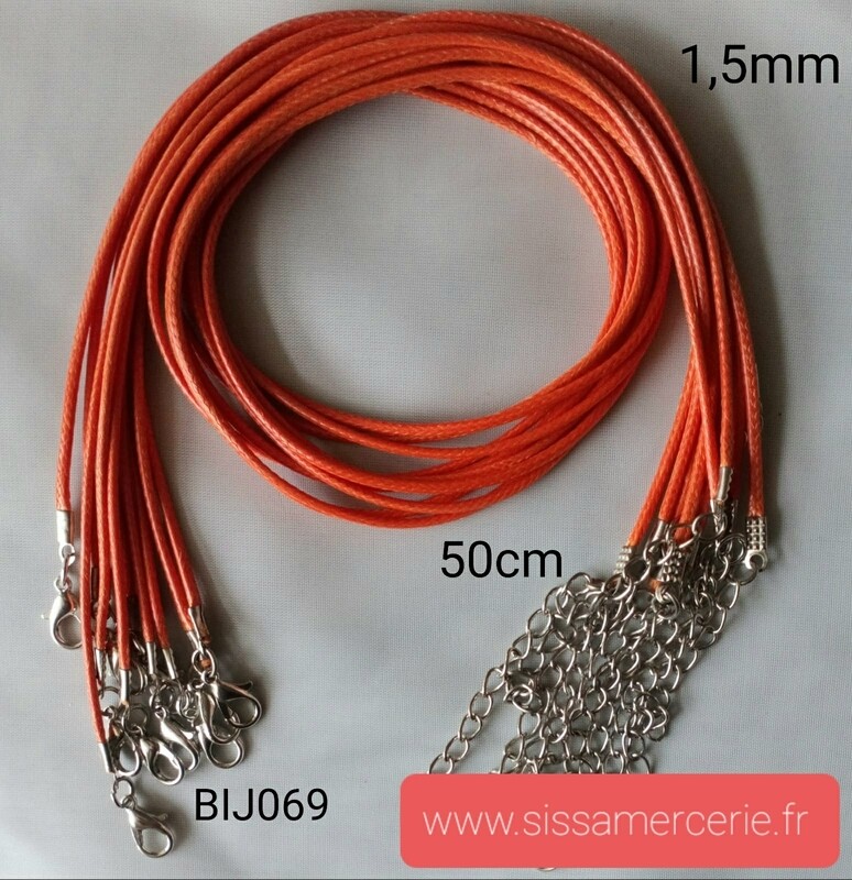 Collier 50cm en cuir de polyester ciré 1,5mm orange foncé