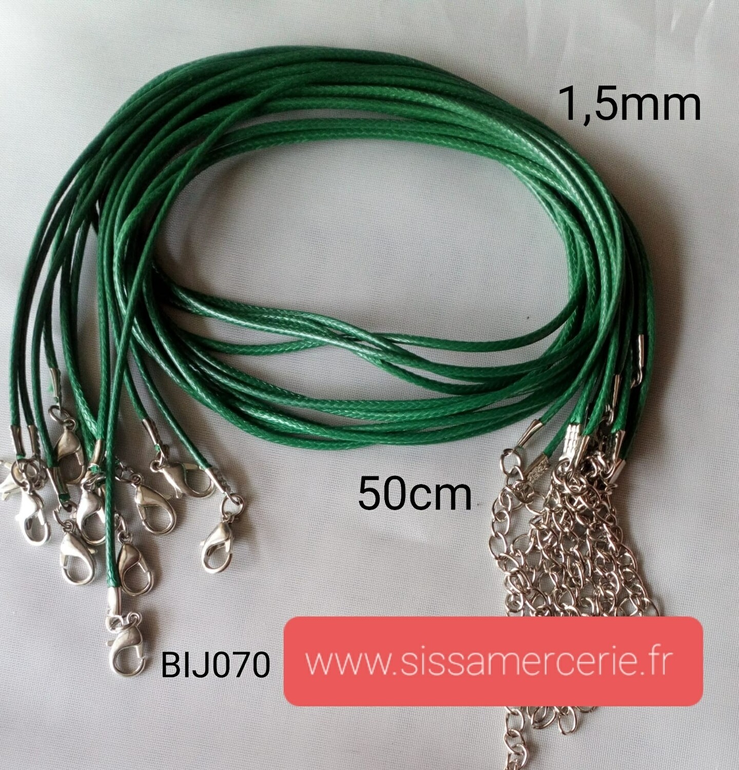 Collier 50cm en cuir de polyester ciré 1,5mm vert foncé