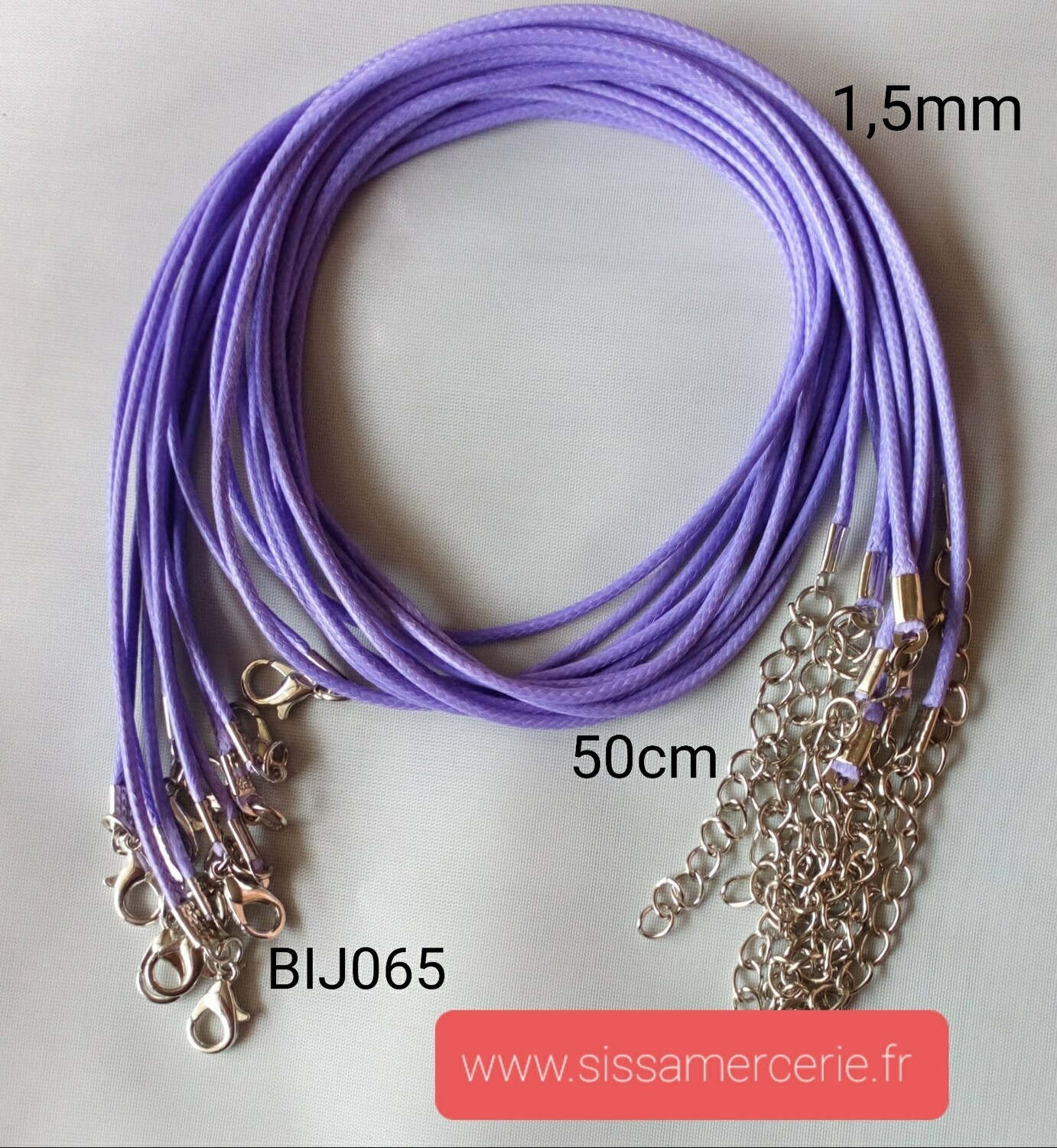 Collier 50cm en cuir de polyester ciré 1,5mm violet