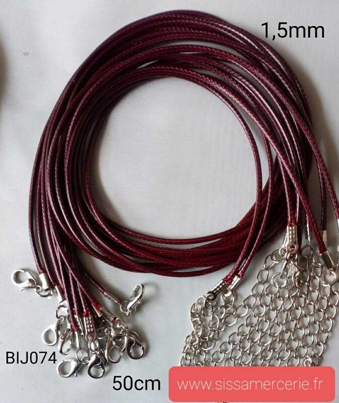 Collier 50cm en cuir de polyester ciré 1,5mm bordeaux