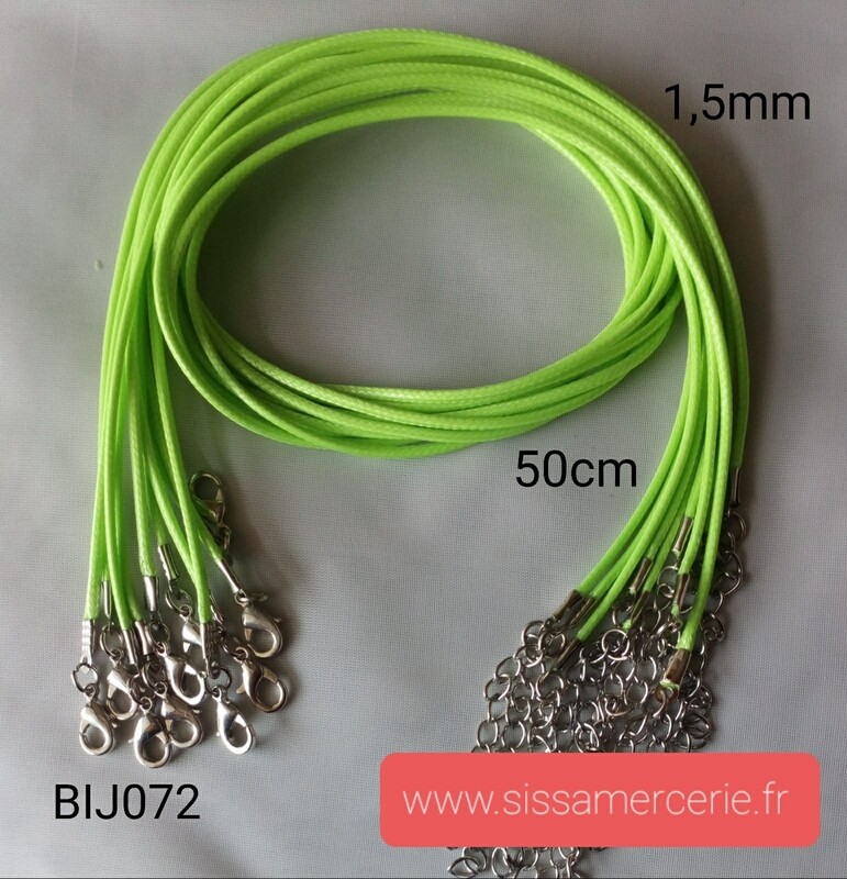Collier 50cm en cuir de polyester ciré 1,5mm vert fluo