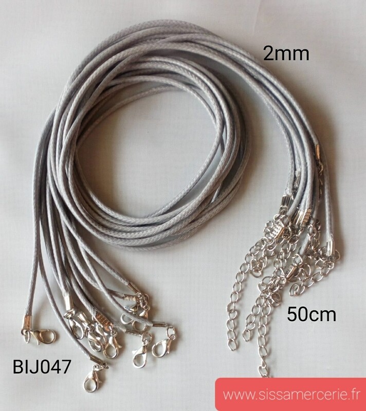 Collier 50cm en cuir de polyester ciré 2mm gris