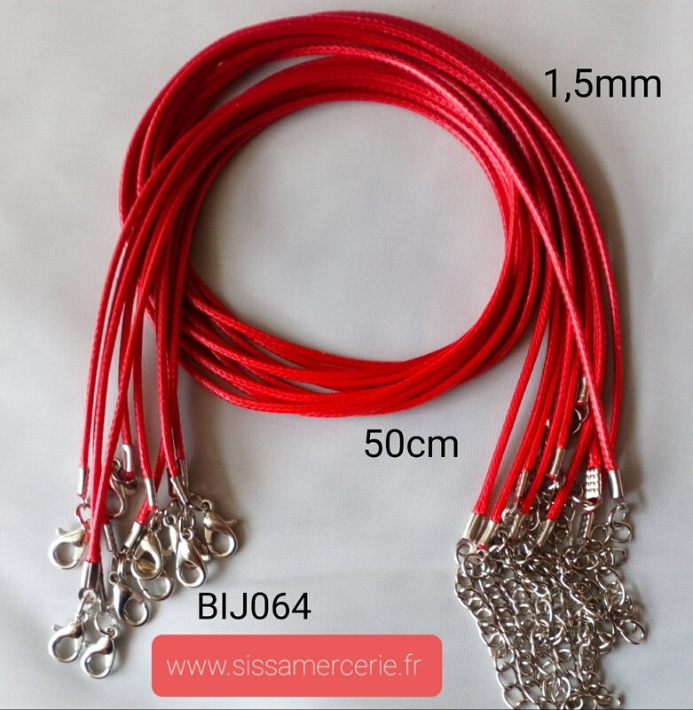 Collier 50cm en cuir de polyester ciré 1,5mm rouge