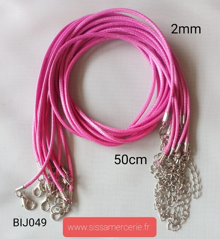 Collier 50cm en cuir de polyester ciré 2mm rose foncé