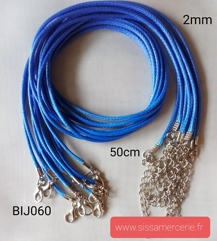 Collier 50cm en cuir de polyester ciré 2mm bleu nuit