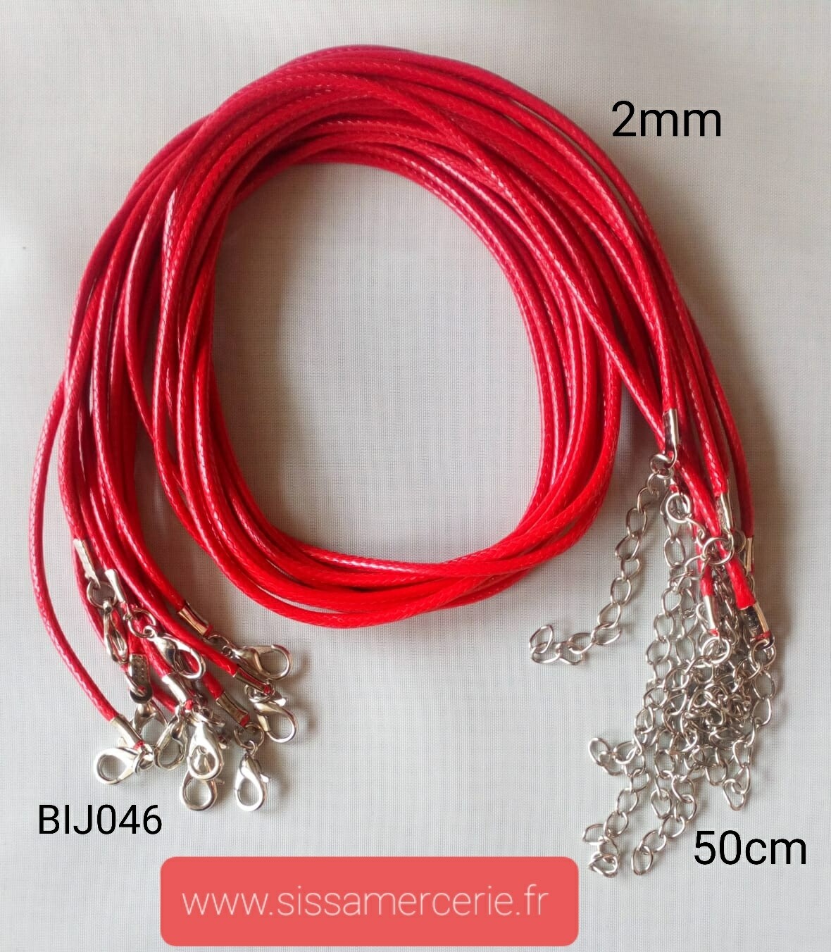 Collier 50cm en cuir de polyester ciré 2mm rouge