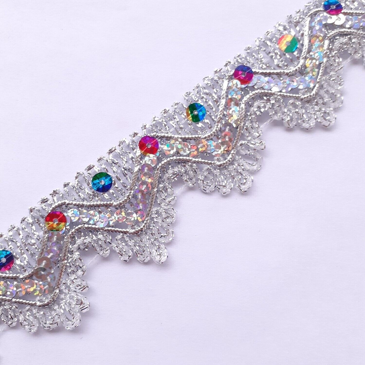 Galon avec fil argenté avec sequins 3,5cm (choisissez vos couleurs)