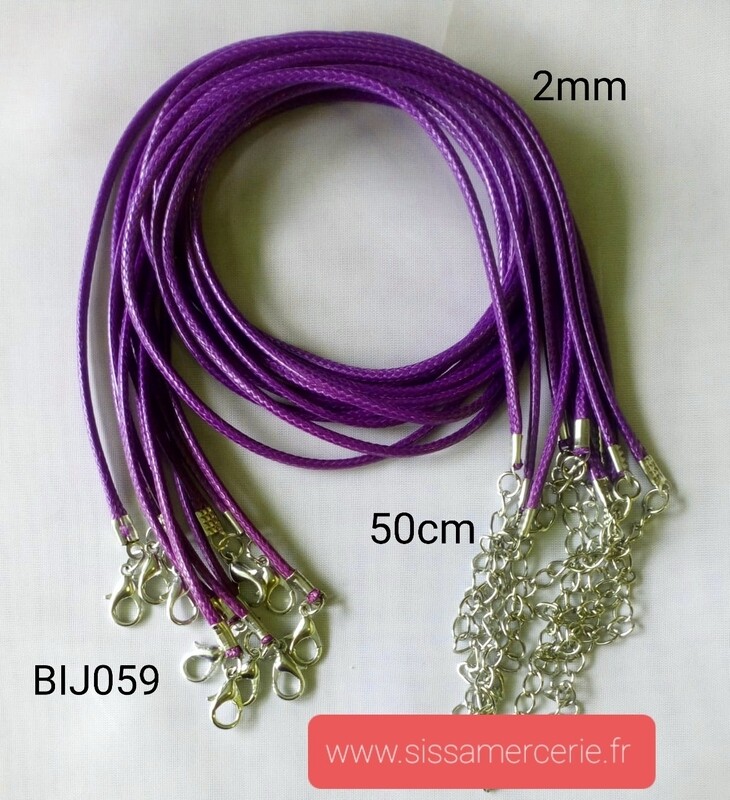 Collier 50cm en cuir de polyester ciré 2mm violet foncé