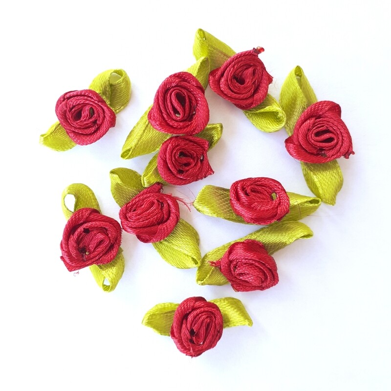10 fleurs satiné mini rosette avec feuilles 2.5 cm / 11 couleurs dispo