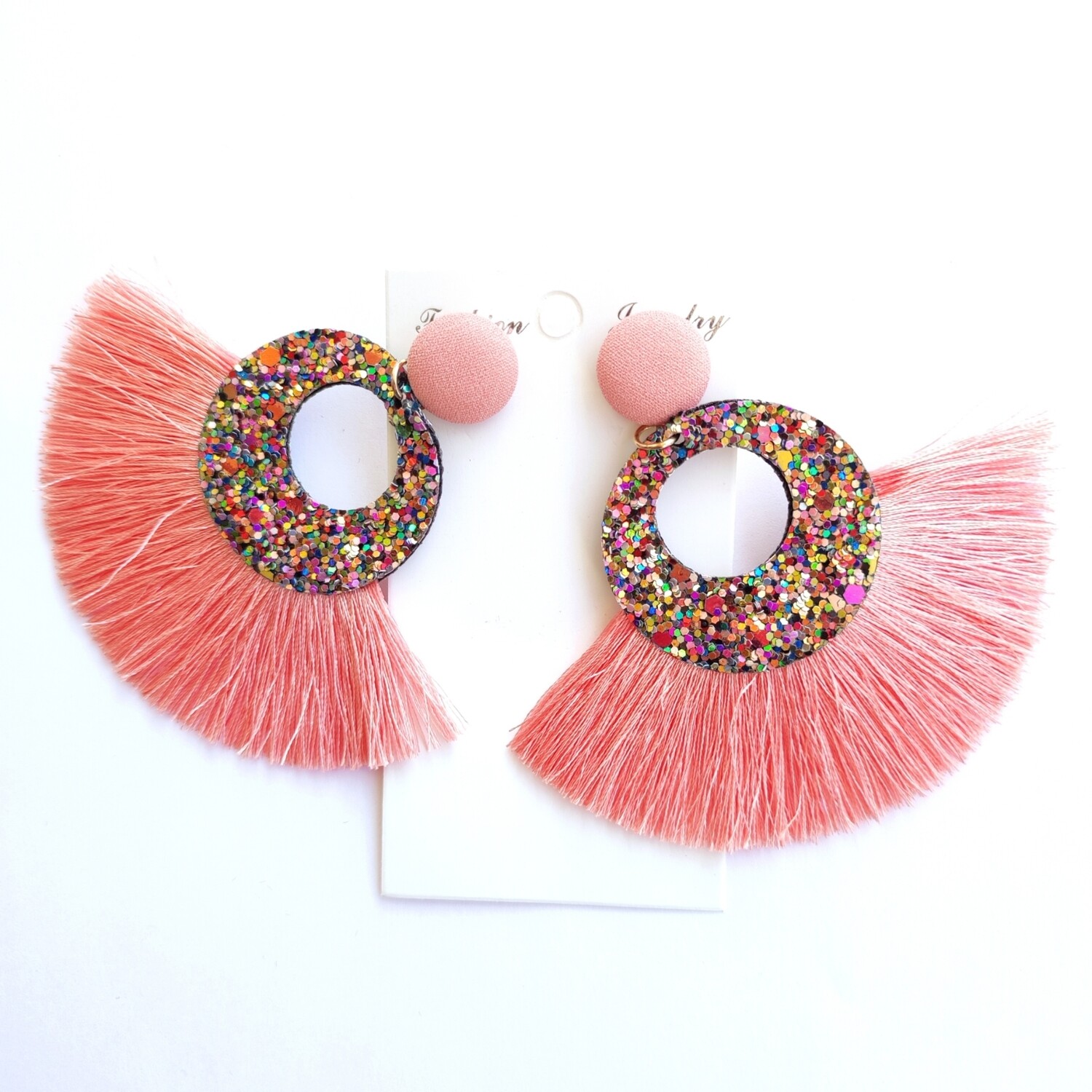 Une paire boucles d'oreilles 7.9x8cm avec paillette et franges/10 couleurs, Choisissez vos couleurs :: Rose saumon
