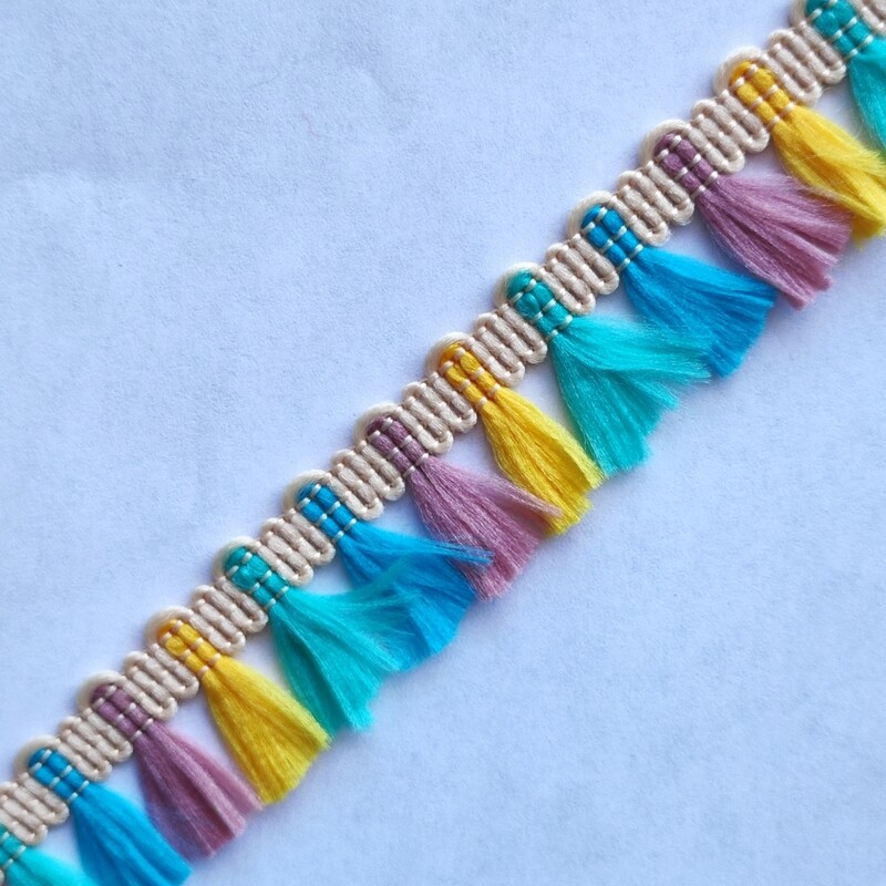 Galon pompon turquoise/jaune/vieux rose/bleu
