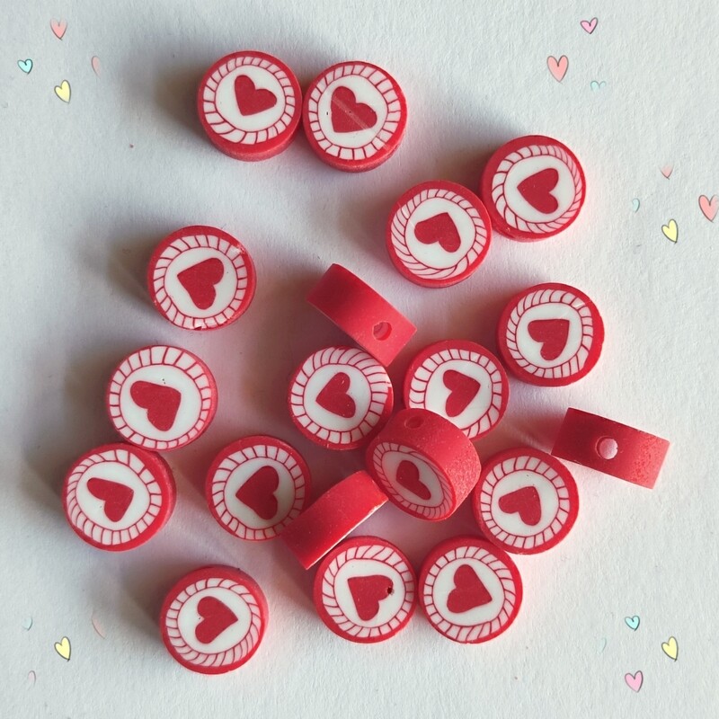 10 perles coeur rouge/blanc 1cmx5mm