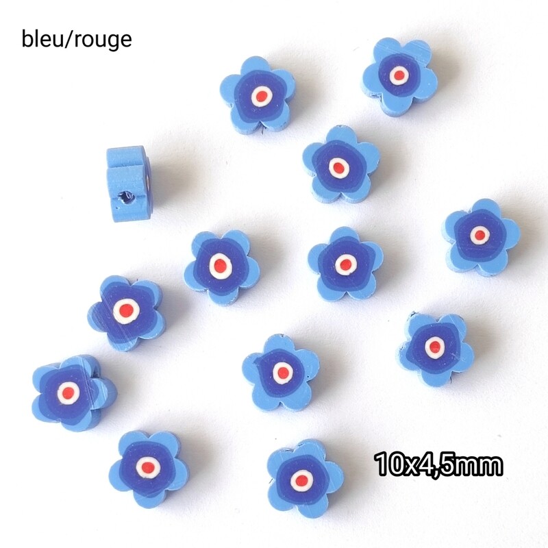 10 perles fleurs bleu/rouge