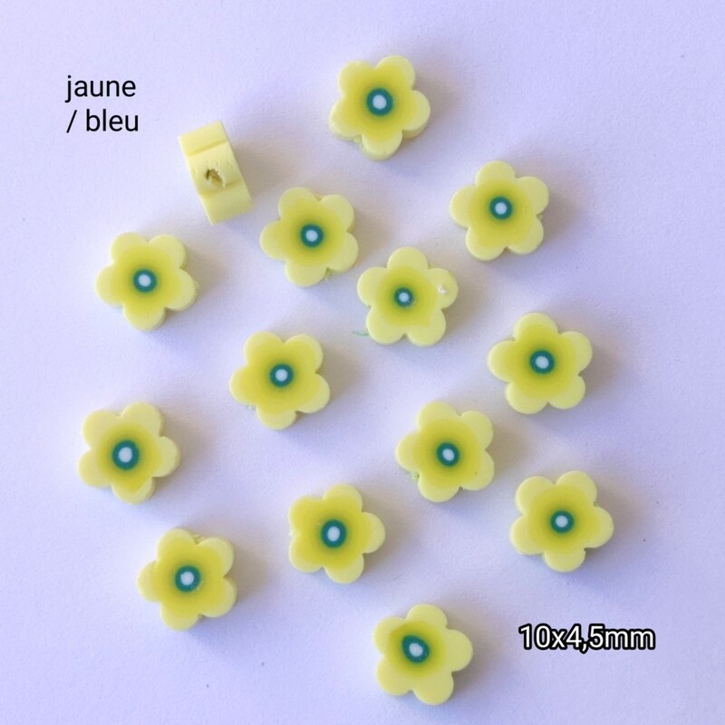10 perles fleurs jaune/bleu