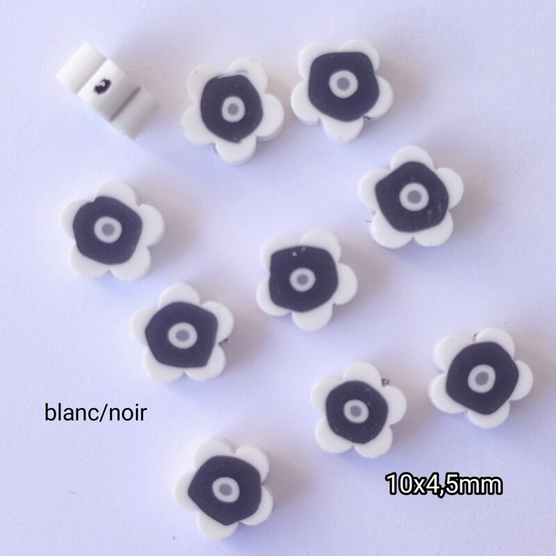 10 perles fleurs blanc/noir