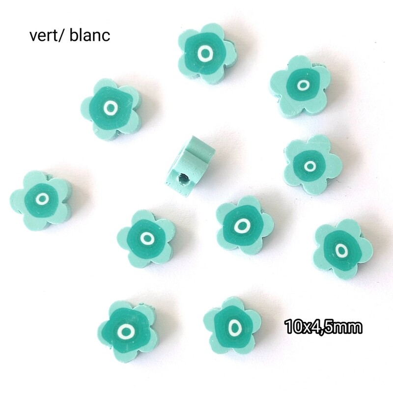 10 perles fleurs vert/blanc 