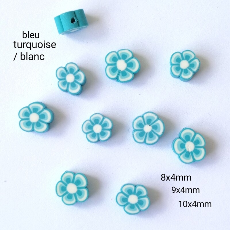 10 perles fleurs bleu turquoise/blanc 