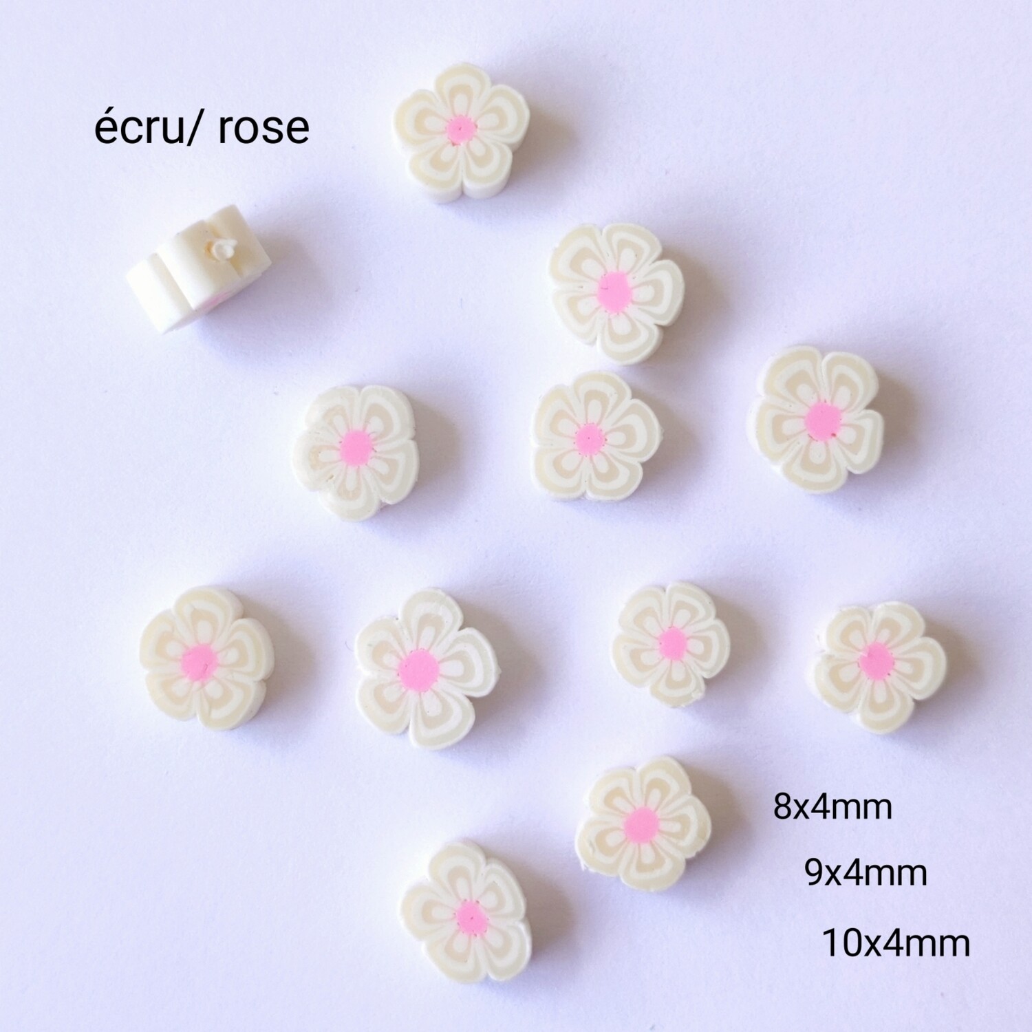 10 perles fleurs écru / rose