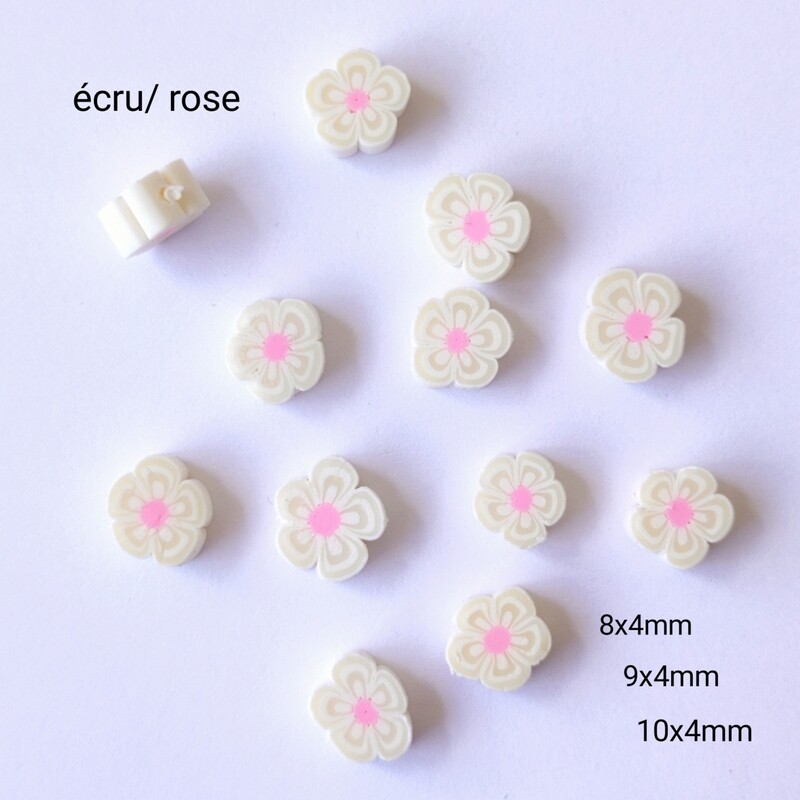10 perles fleurs écru / rose