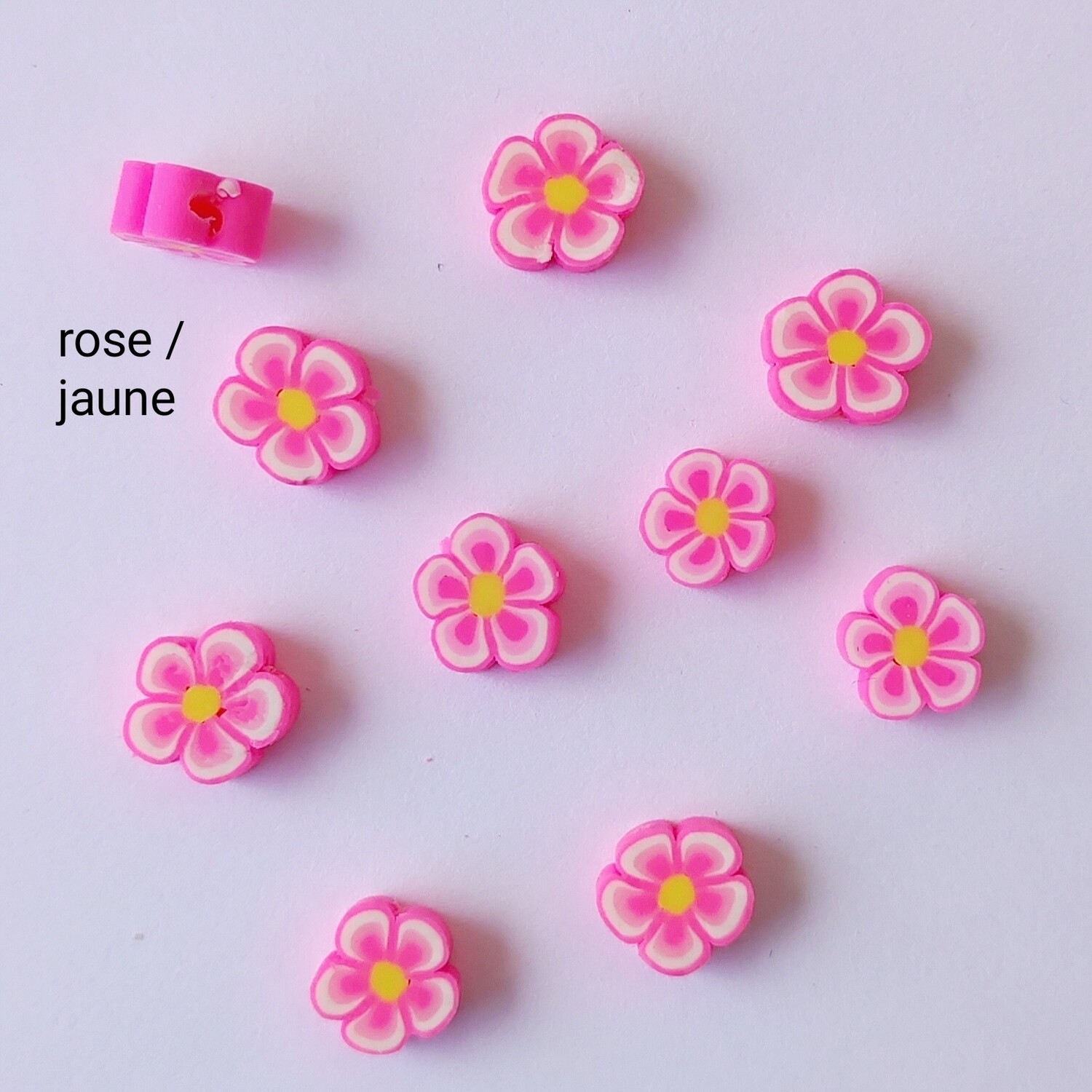 10 perles fleurs rose / jaune 