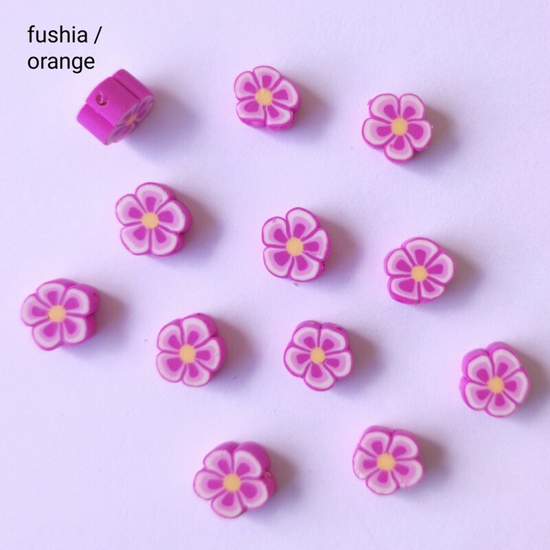 10 perles fleurs fushia/orange 