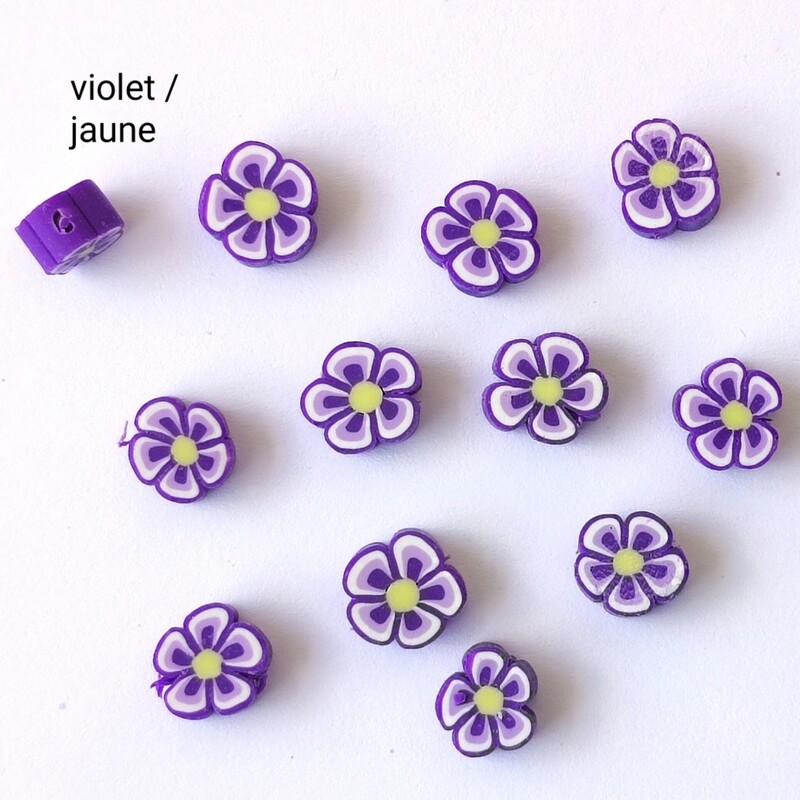 10 perles fleurs violet/jaune