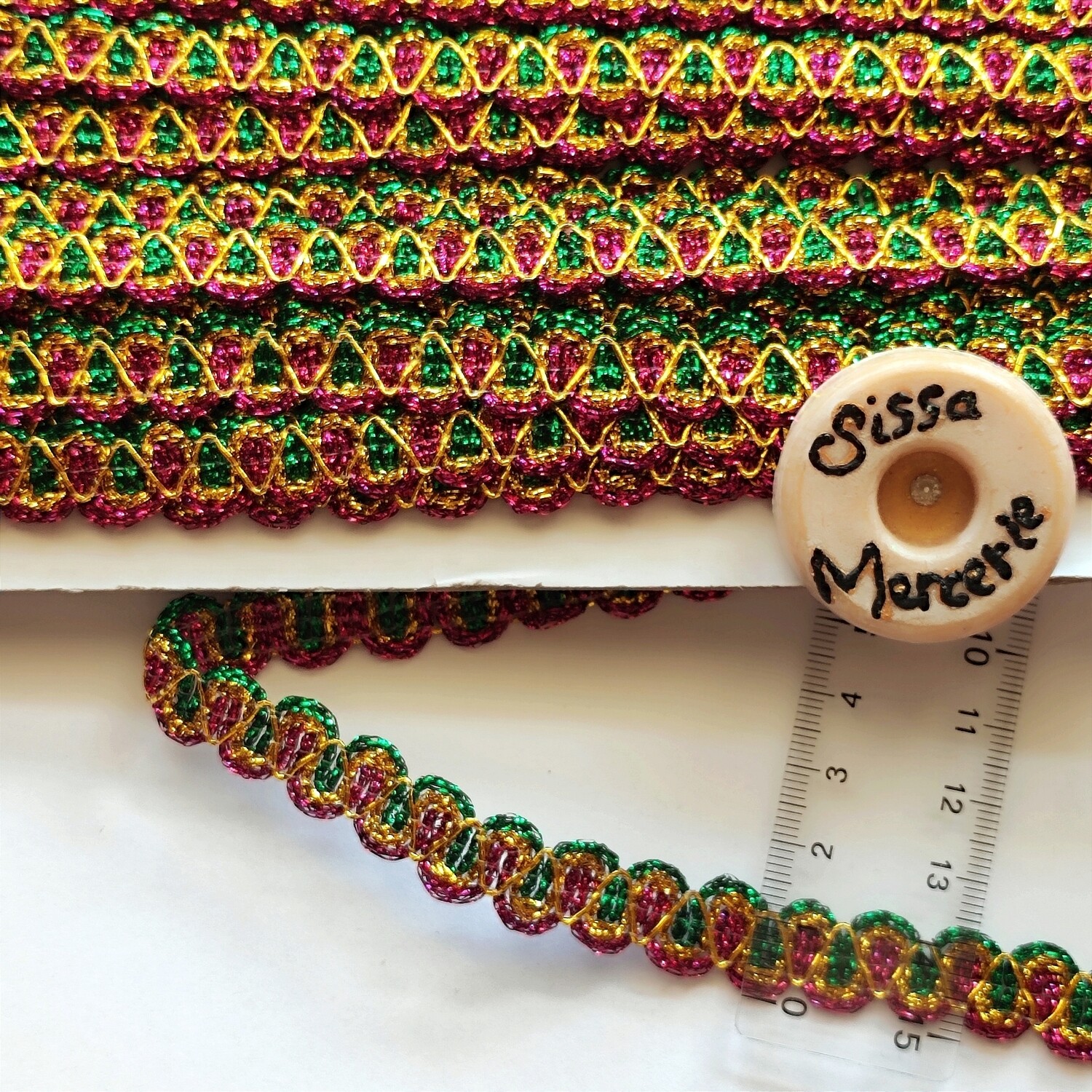 Galon vert /doré /fushia 1,3 cm