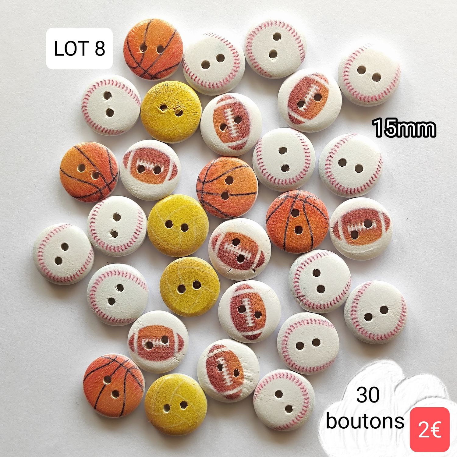30 boutons bois ballon sport LOT 8