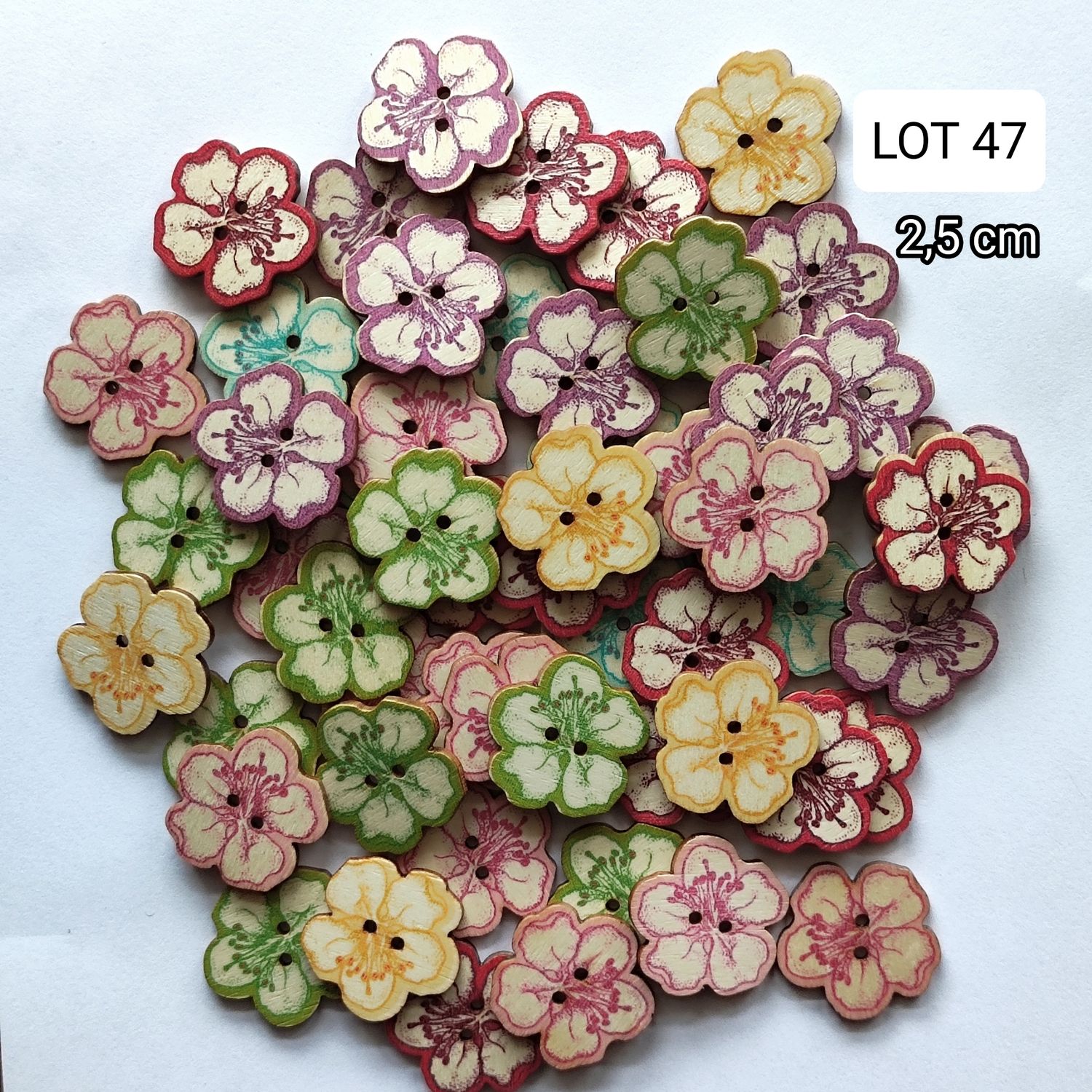 49 boutons bois fleurs LOT 47