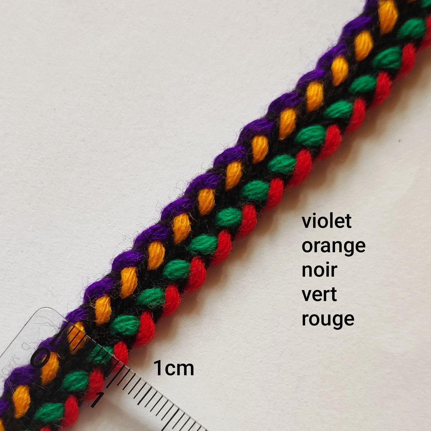 Galon tresse violet/orange/noir/vert/rouge
