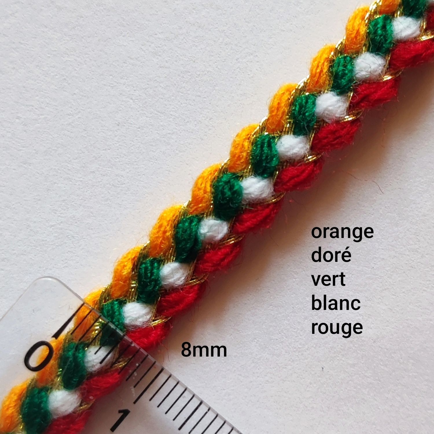 Galon tresse orange/doré/vert/blanc/rouge