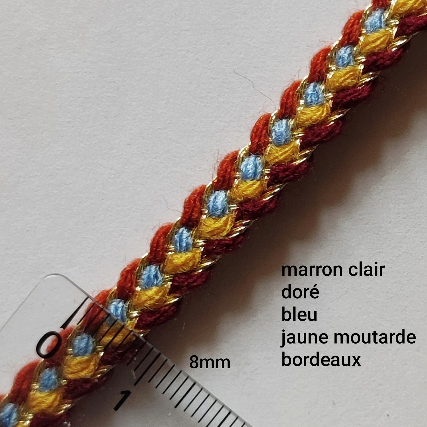 Galon tresse marron/bleu/jaune/bordeaux