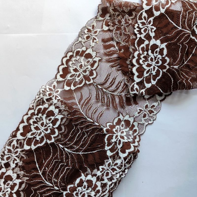Dentelle élastique large 18 cm marron et blanc Dentelle élastique large 18 cm marron et blanc