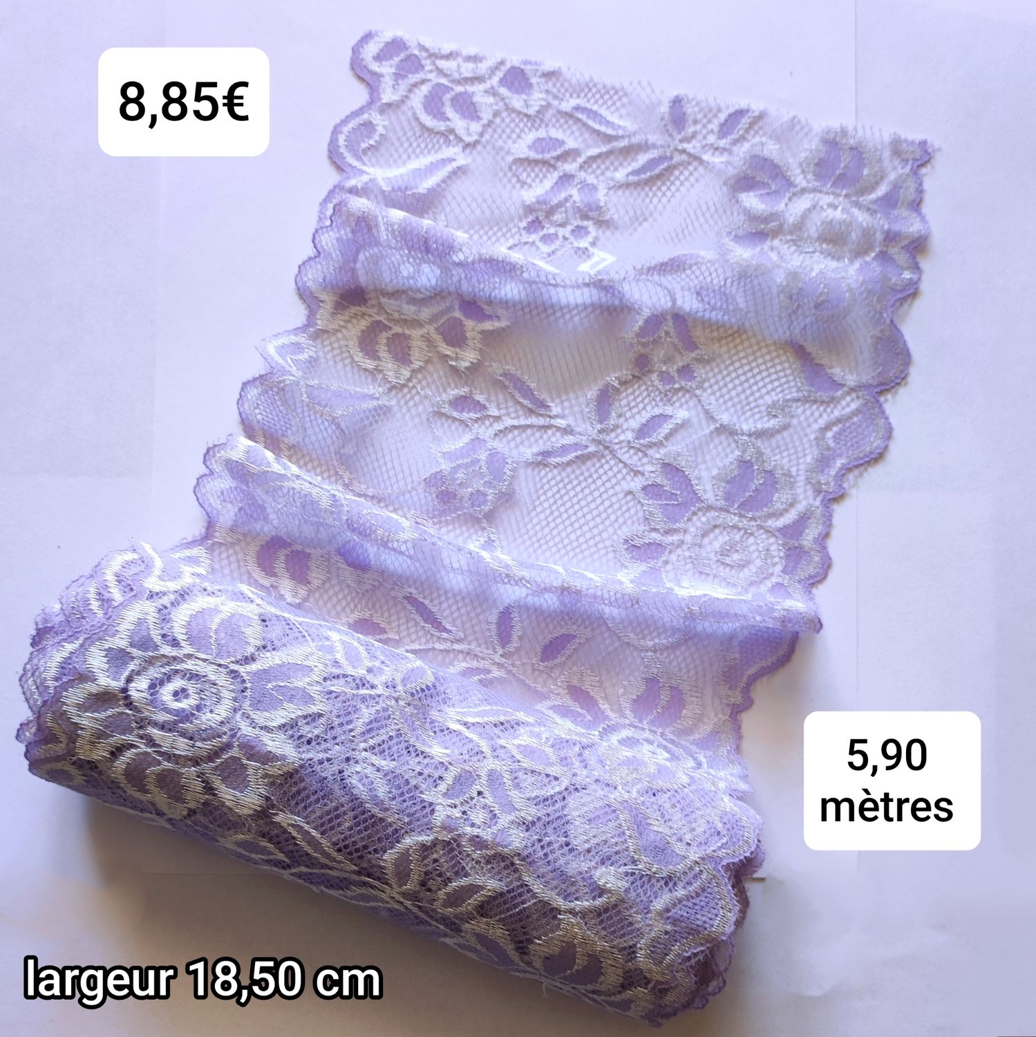 5,90 mètres dentelle extensible 18,5 cm lilas blanc