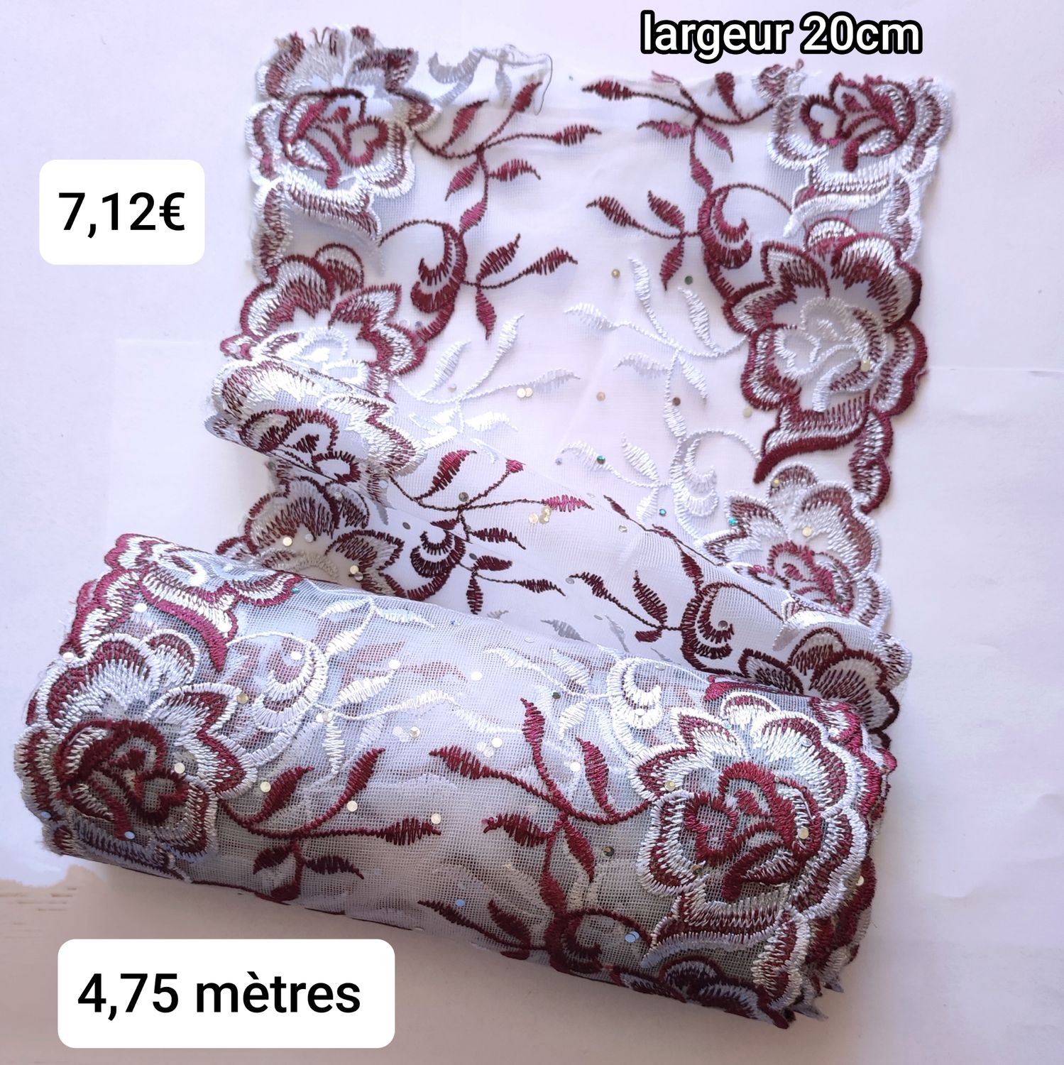 4,75 mètres dentelle 20cm bordeaux/blanc 