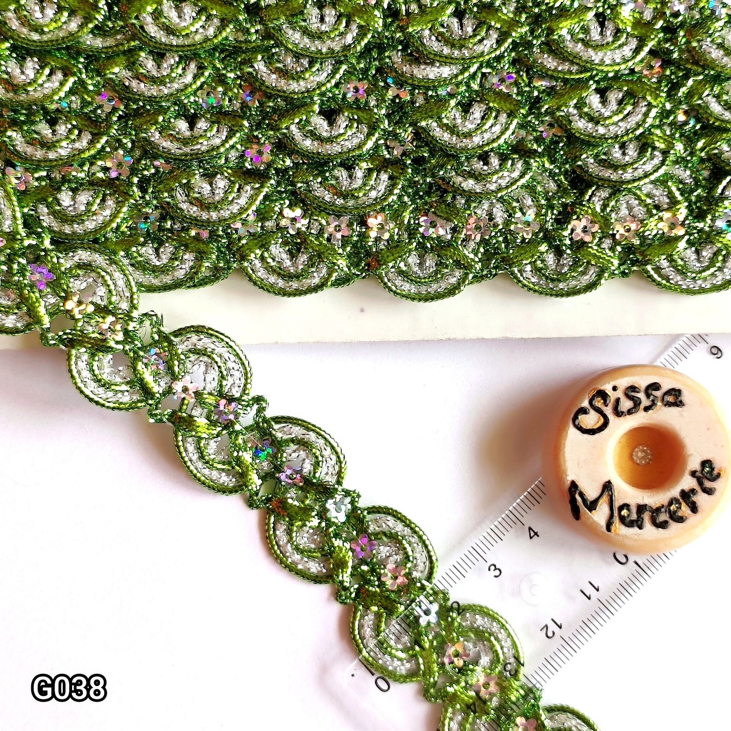 Galon vert/argenté 2,5 cm (8 mètres)