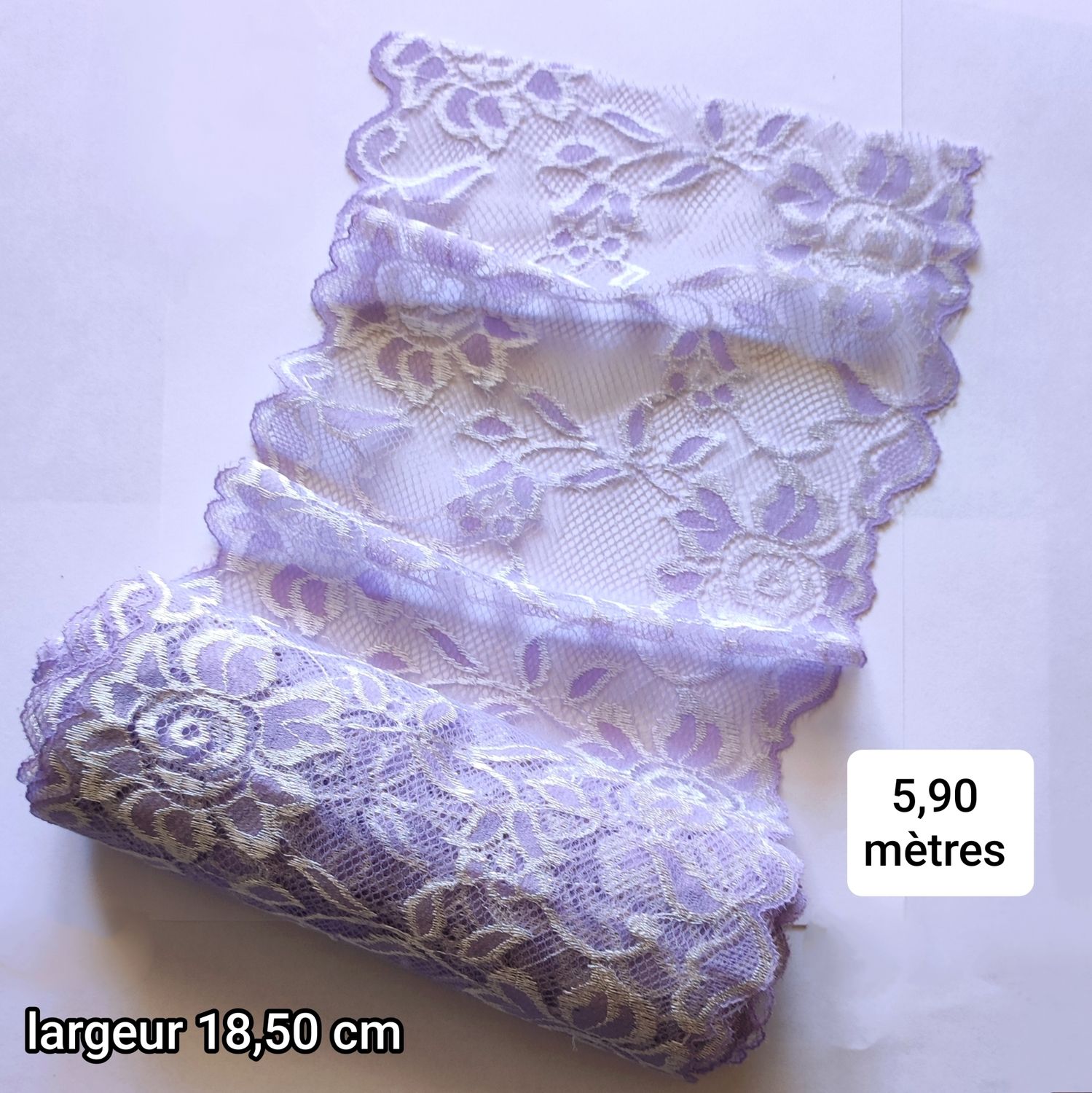 5,90 mètres dentelle extensible 18,5 cm lilas blanc