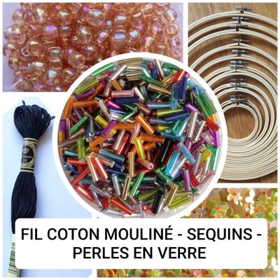 Broderie - fil coton mouliné - sequins et perles en verre 