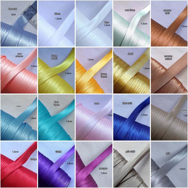 Biais satin 15/20mm au mètre (choisissez vos couleurs)