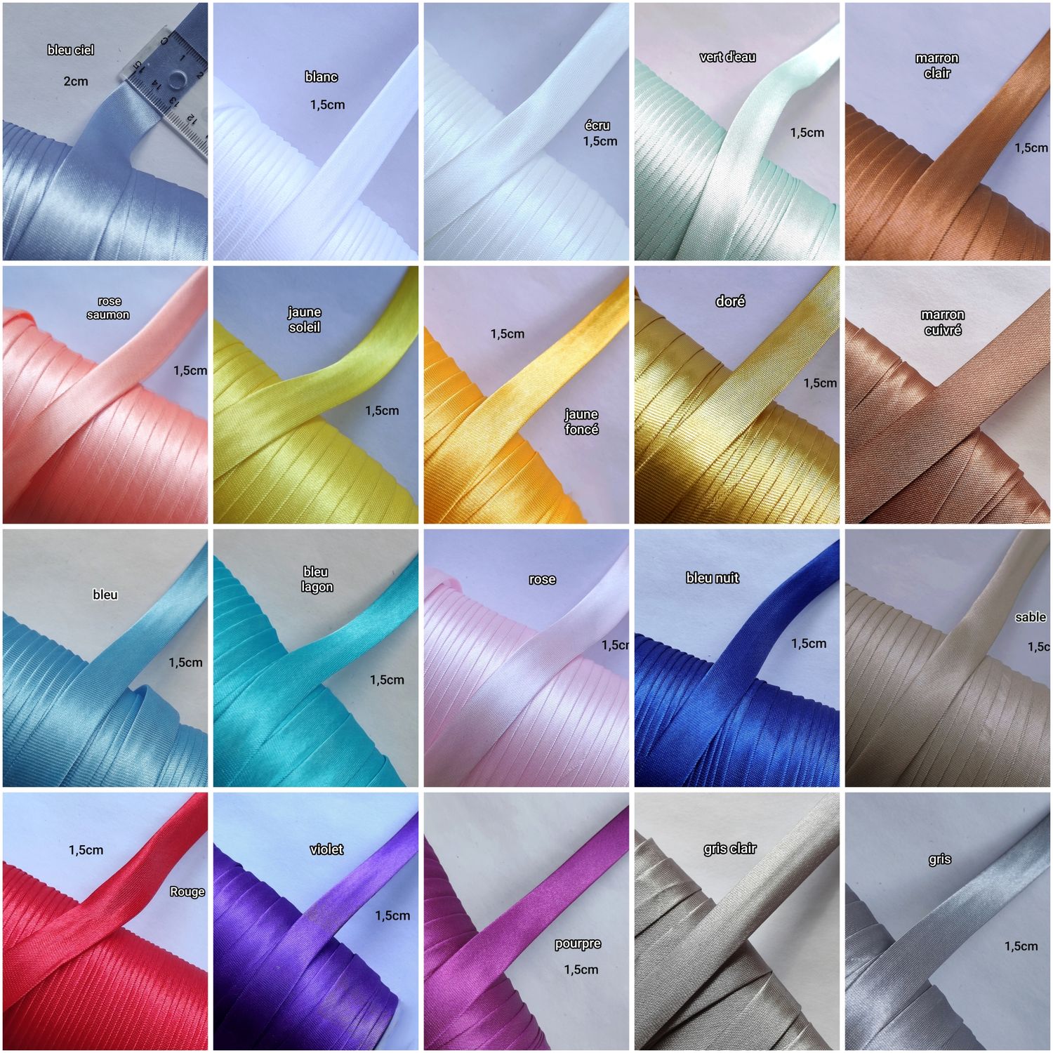 5 mètres de Biais satin 15mm-20mm (choisissez vos couleurs)