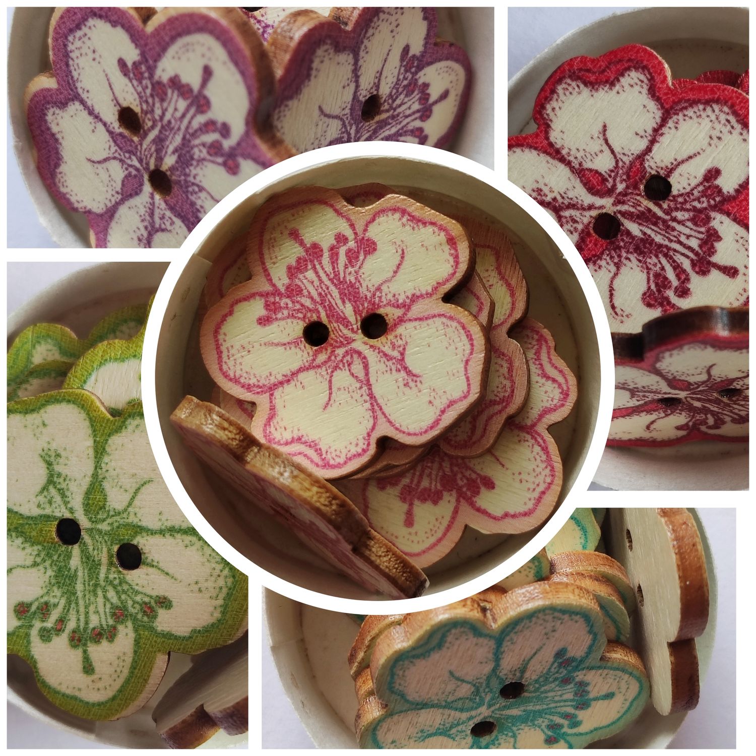 10 boutons en bois fleurs LOT 47 (choisissez vos couleurs)