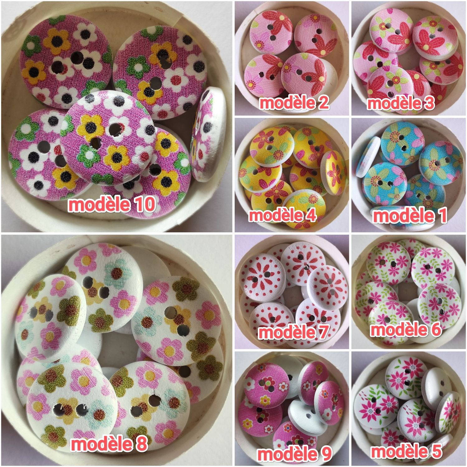 10 boutons en bois fleurs LOT 29 (choisissez vos modèles)
