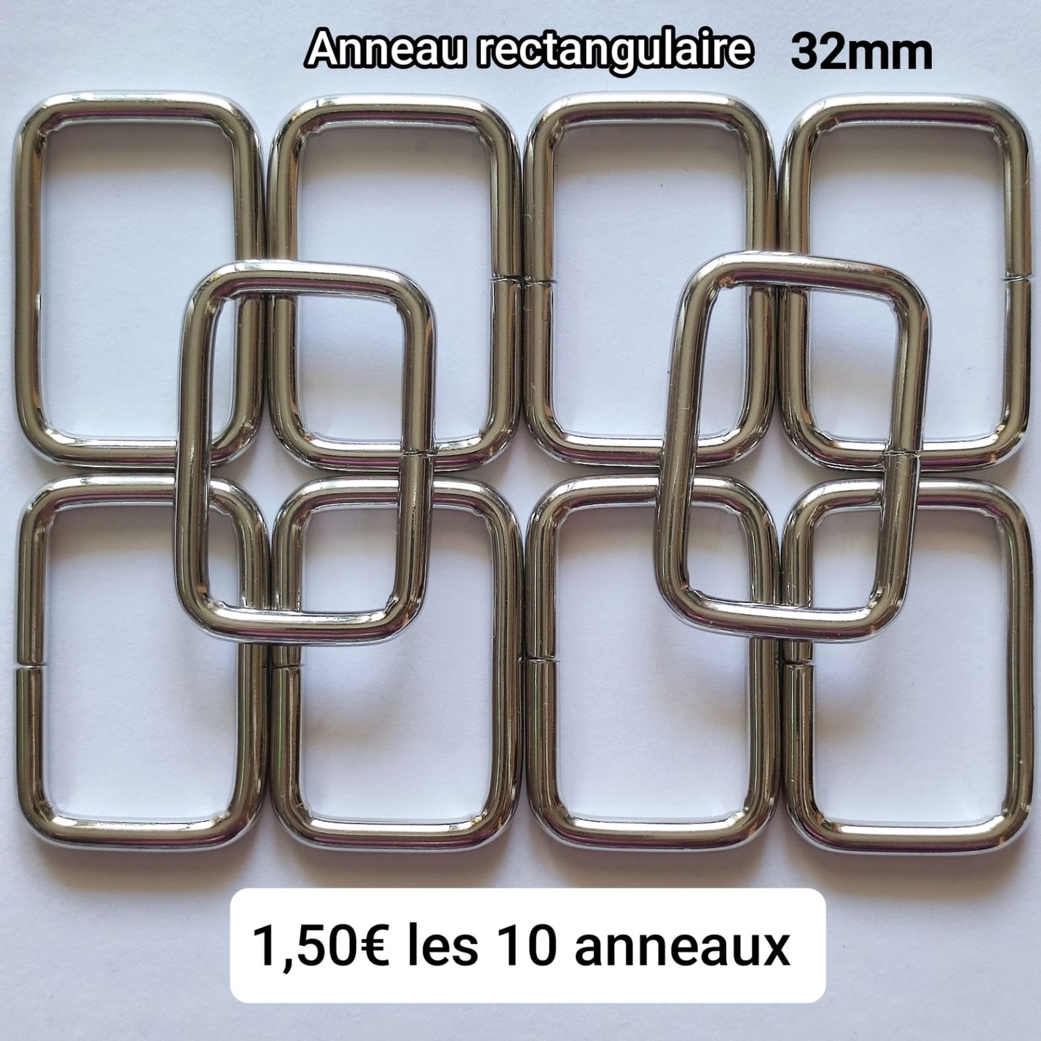 10 anneaux rectangulaires argentés 32mm
